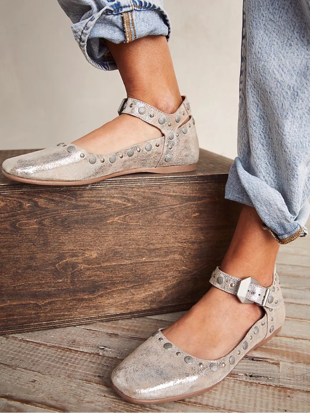 FREE PEOPLE Mystic Mary Jane Flats Champagne Studded Festival Size 38